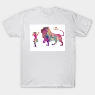 Girl and Lion Colorful Watercolor Animals Lover Gift T-Shirt